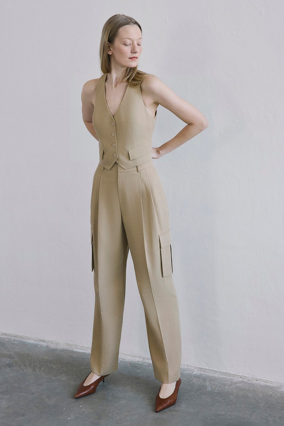 Linen Blend High Waist Wide Leg Powder  Pants