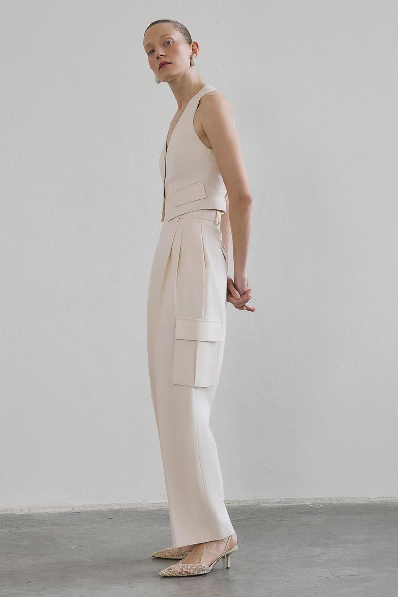Linen Blend High Waist Wide Leg Powder  Pants