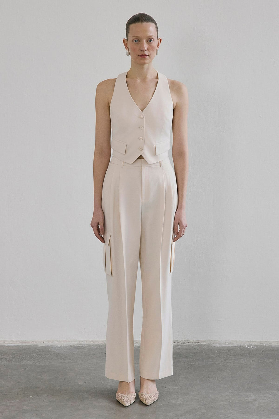 Linen Blend High Waist Wide Leg Powder  Pants
