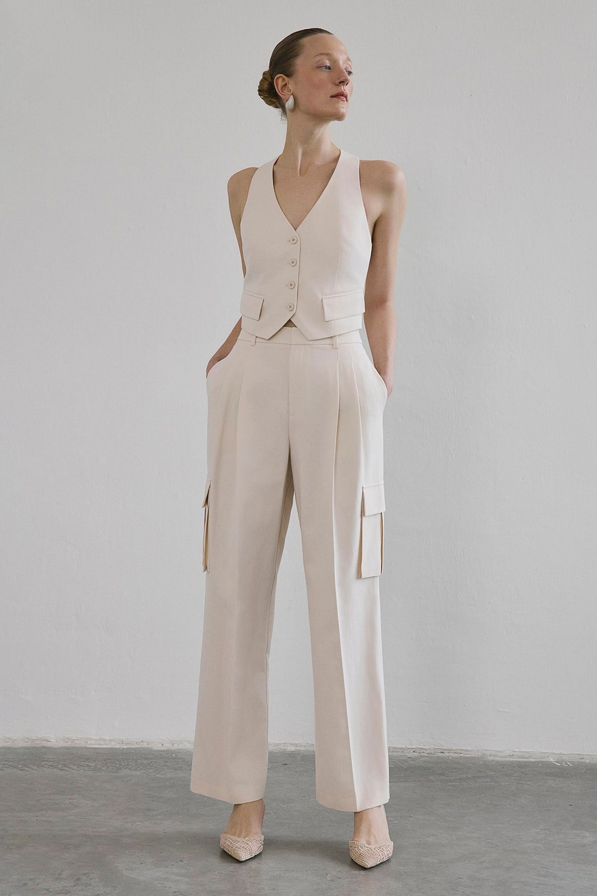 Linen Blend High Waist Wide Leg Powder  Pants