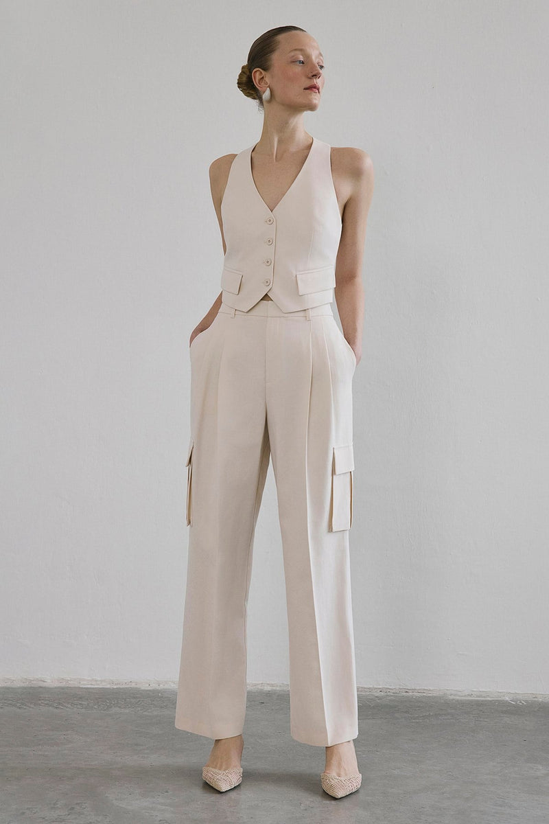 Linen Blend High Waist Wide Leg Powder  Pants