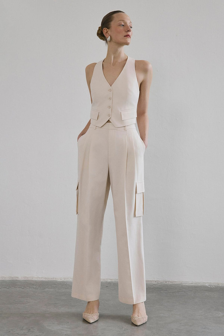 Linen Blend High Waist Wide Leg Powder  Pants