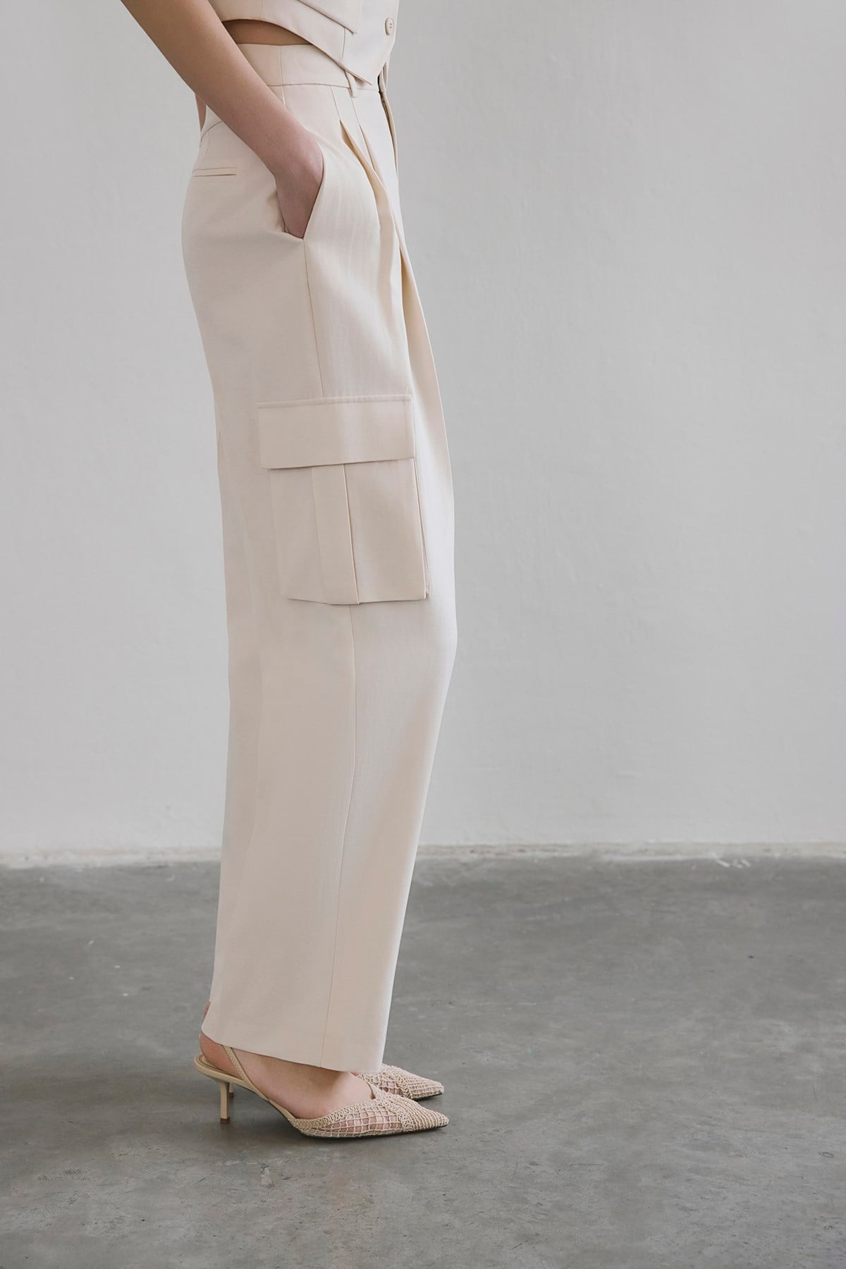 Linen Blend High Waist Wide Leg Powder  Pants