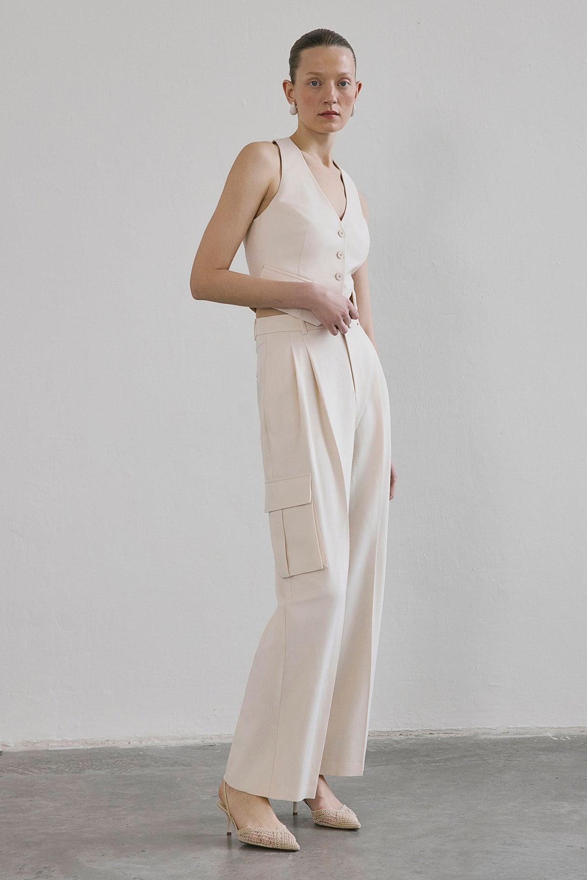 Linen Blend High Waist Wide Leg Powder  Pants