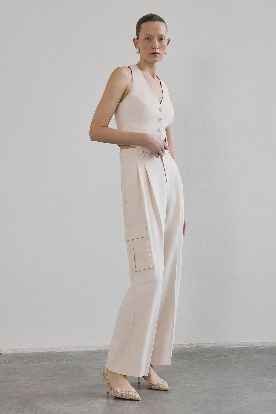 Linen Blend High Waist Wide Leg Powder  Pants