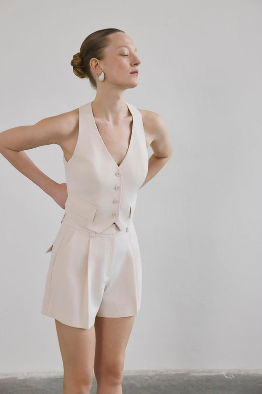Linen Button Front Short  Vest