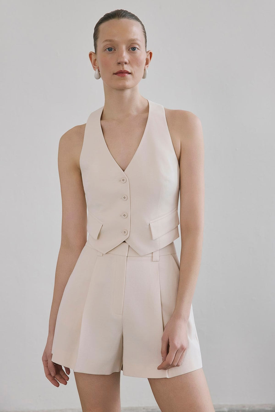 Linen Button Front Short  Vest