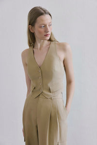 Linen Button Front Short Camel Vest