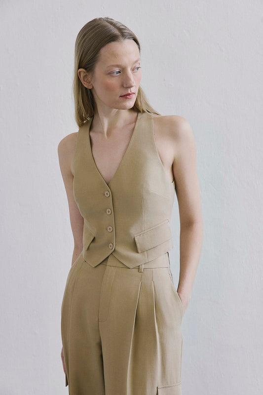 Linen Button Front Short  Vest
