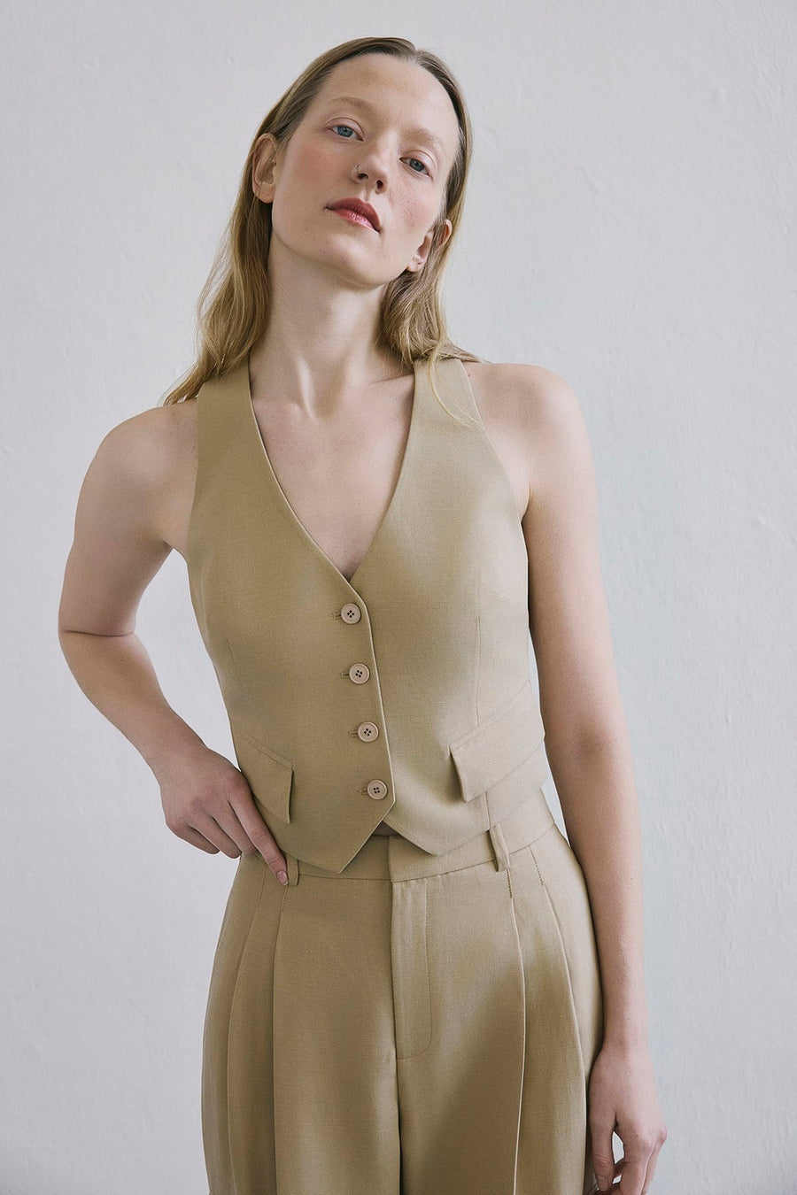 Linen Button Front Short  Vest