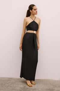 Black Long Dress With Gold Accessories