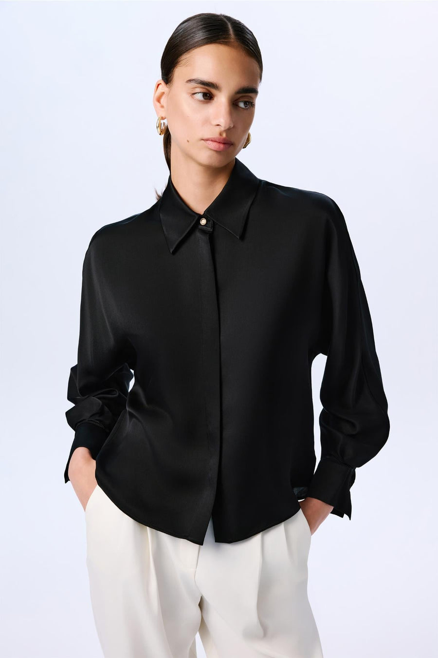 Long Sleeve Hidden Buttoned Relaxed  Shirt