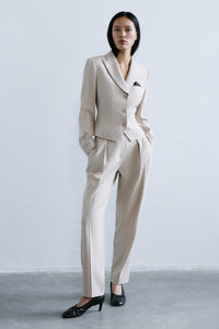 Beige Melange Textured  Pleated Pants