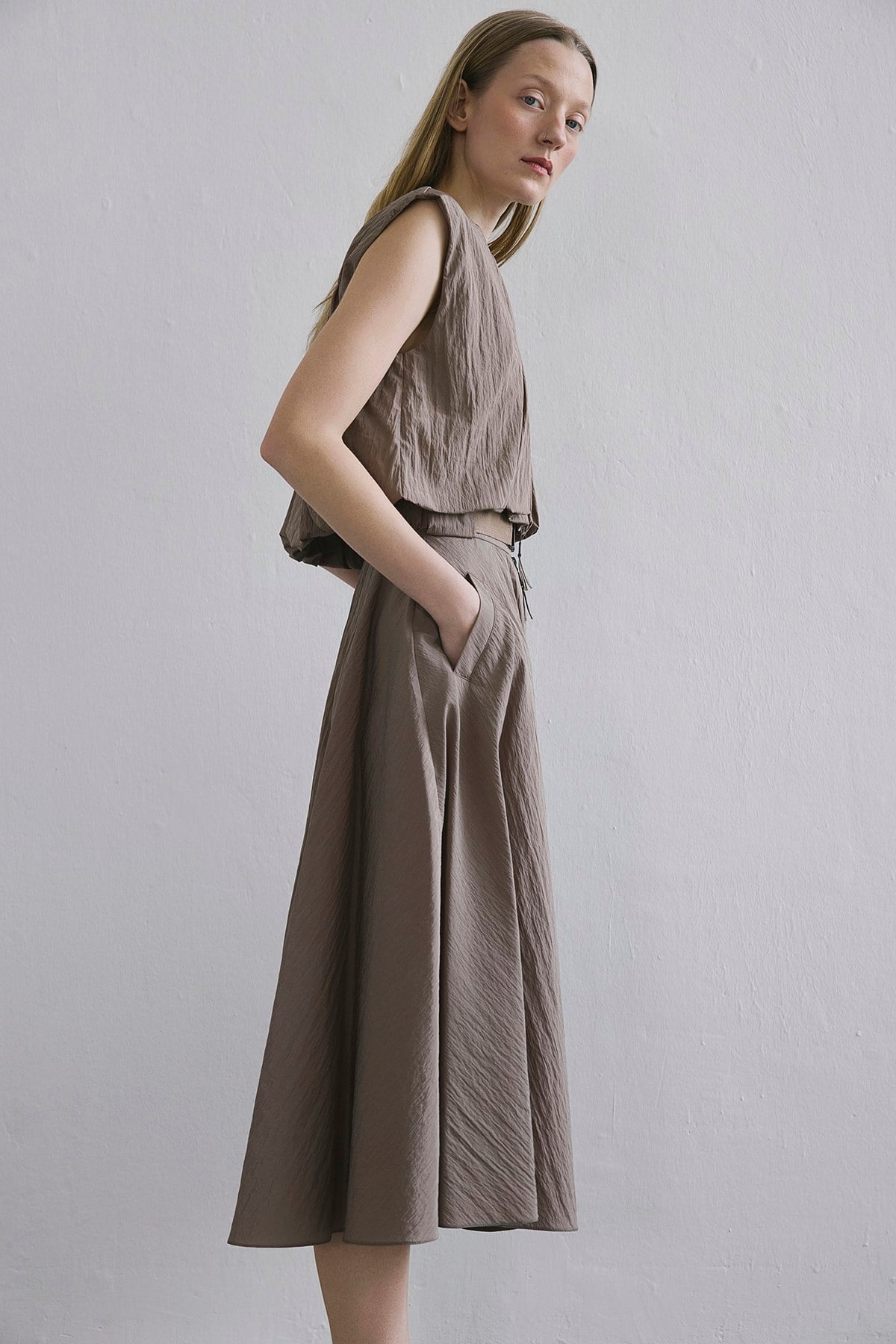 Metal Buckle Flared  Midi Skirt