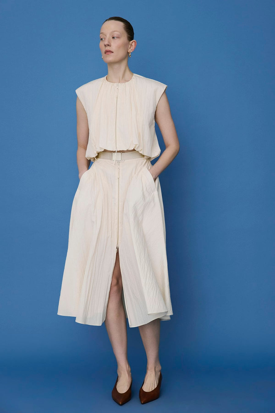 Metal Buckle Flared  Midi Skirt