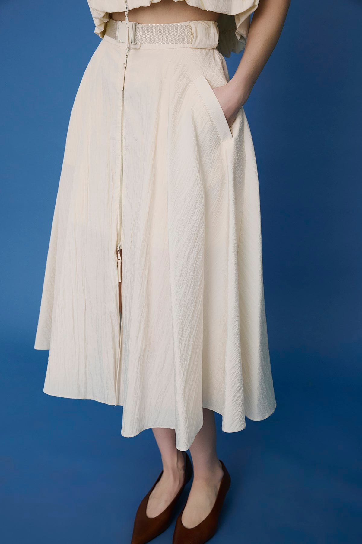 Metal Buckle Flared  Midi Skirt
