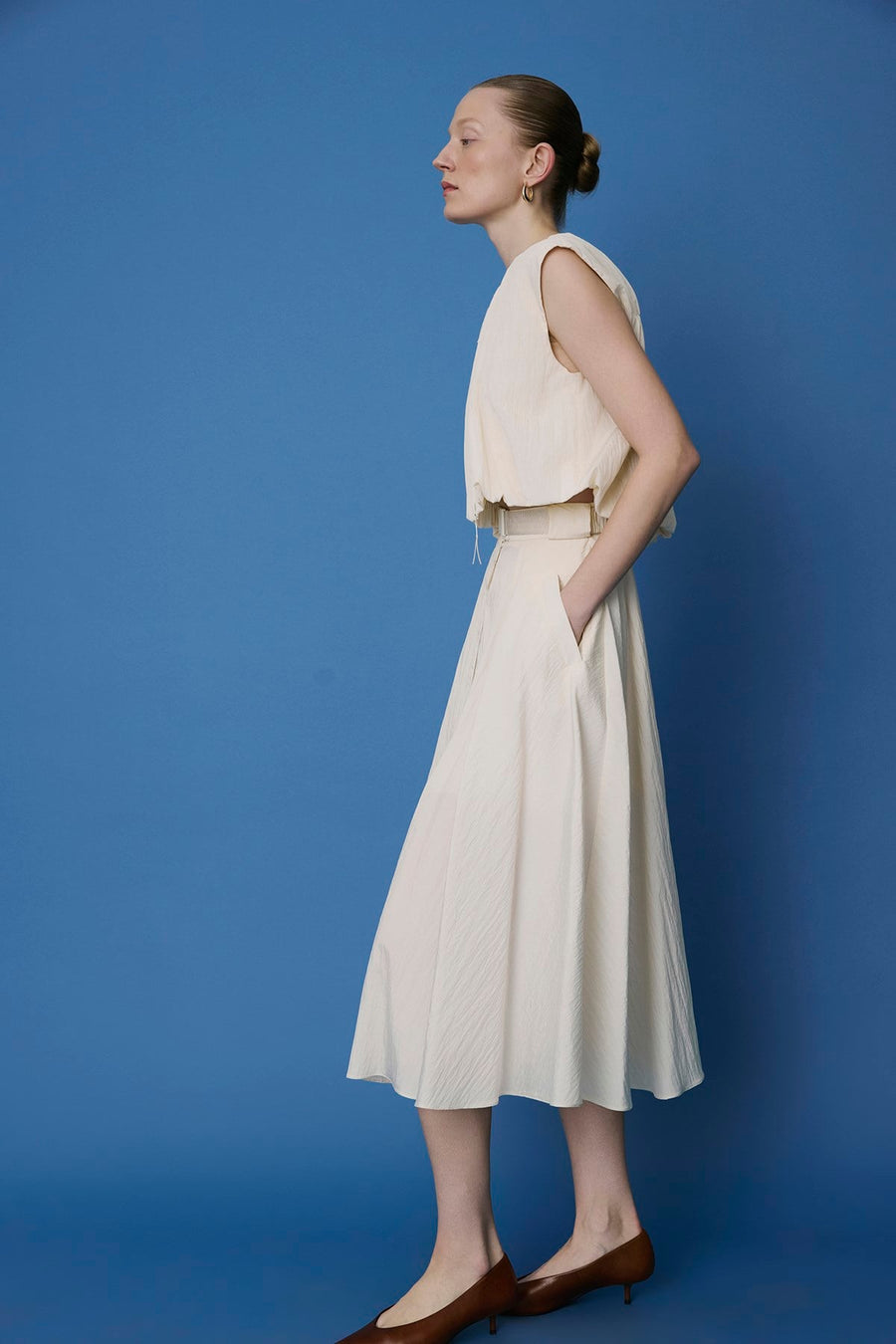 Metal Buckle Flared  Midi Skirt