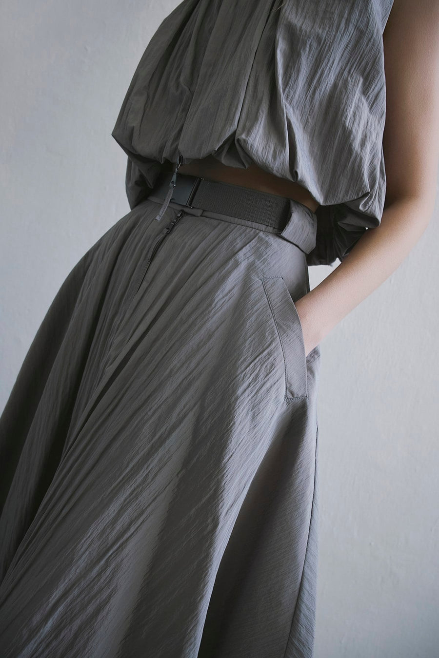 Metal Buckle Flared  Midi Skirt