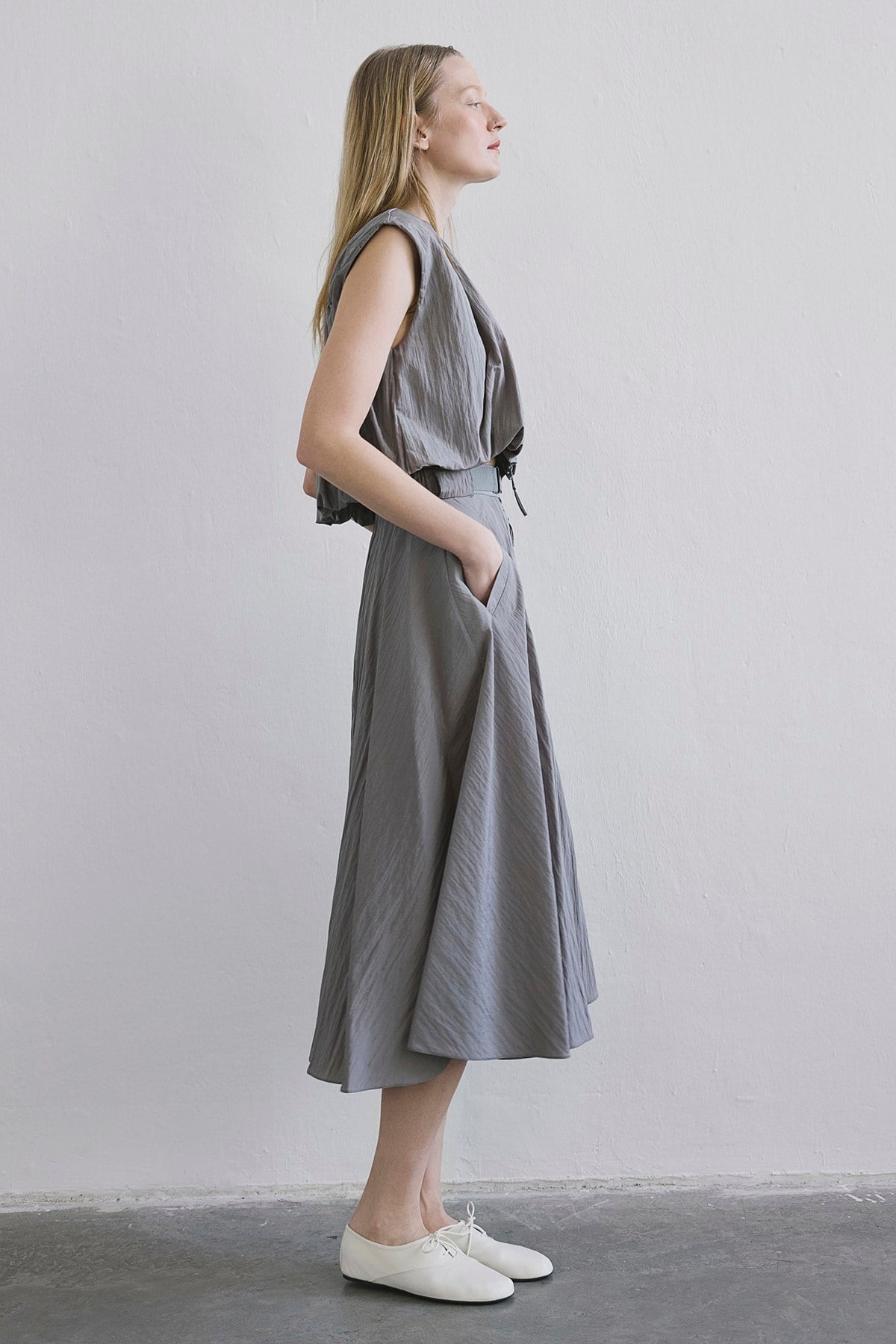 Metal Buckle Flared  Midi Skirt