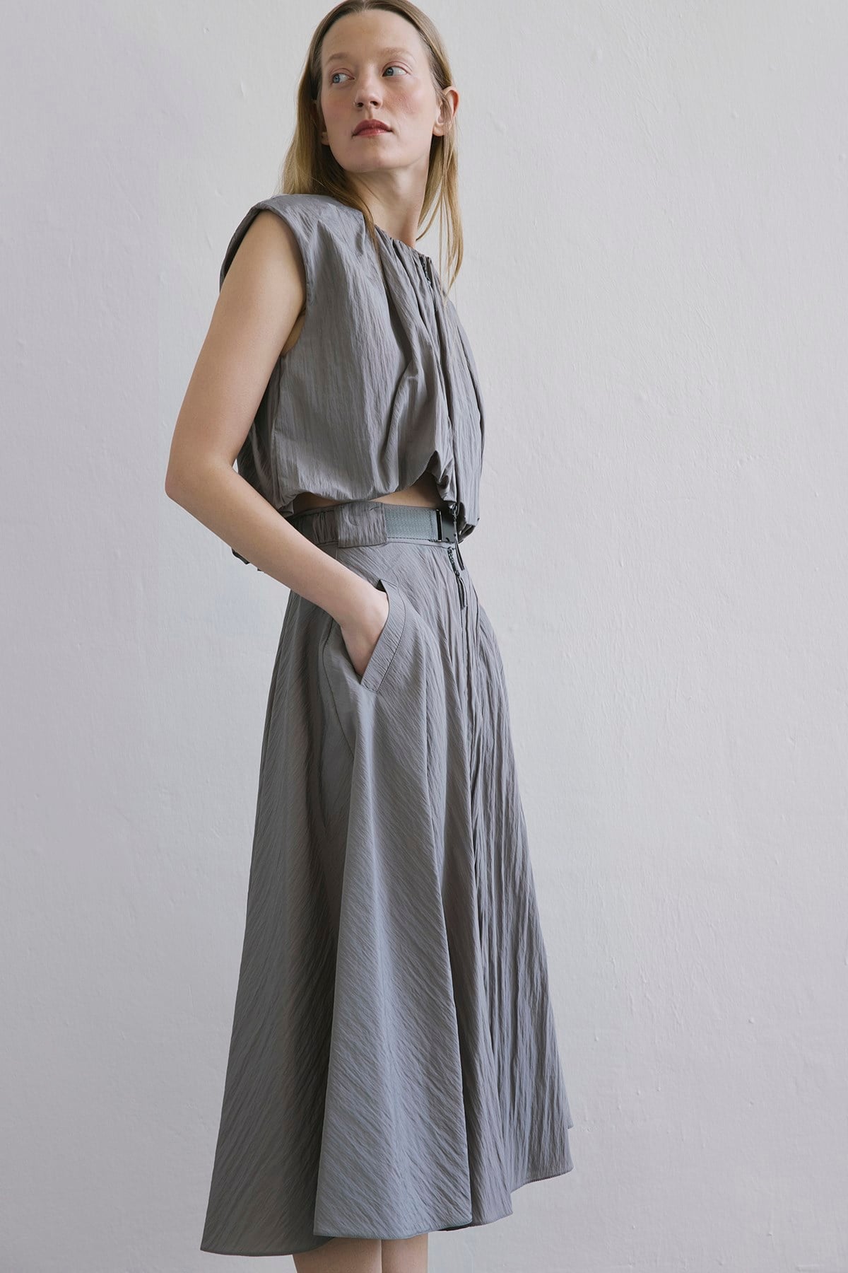 Metal Buckle Flared  Midi Skirt