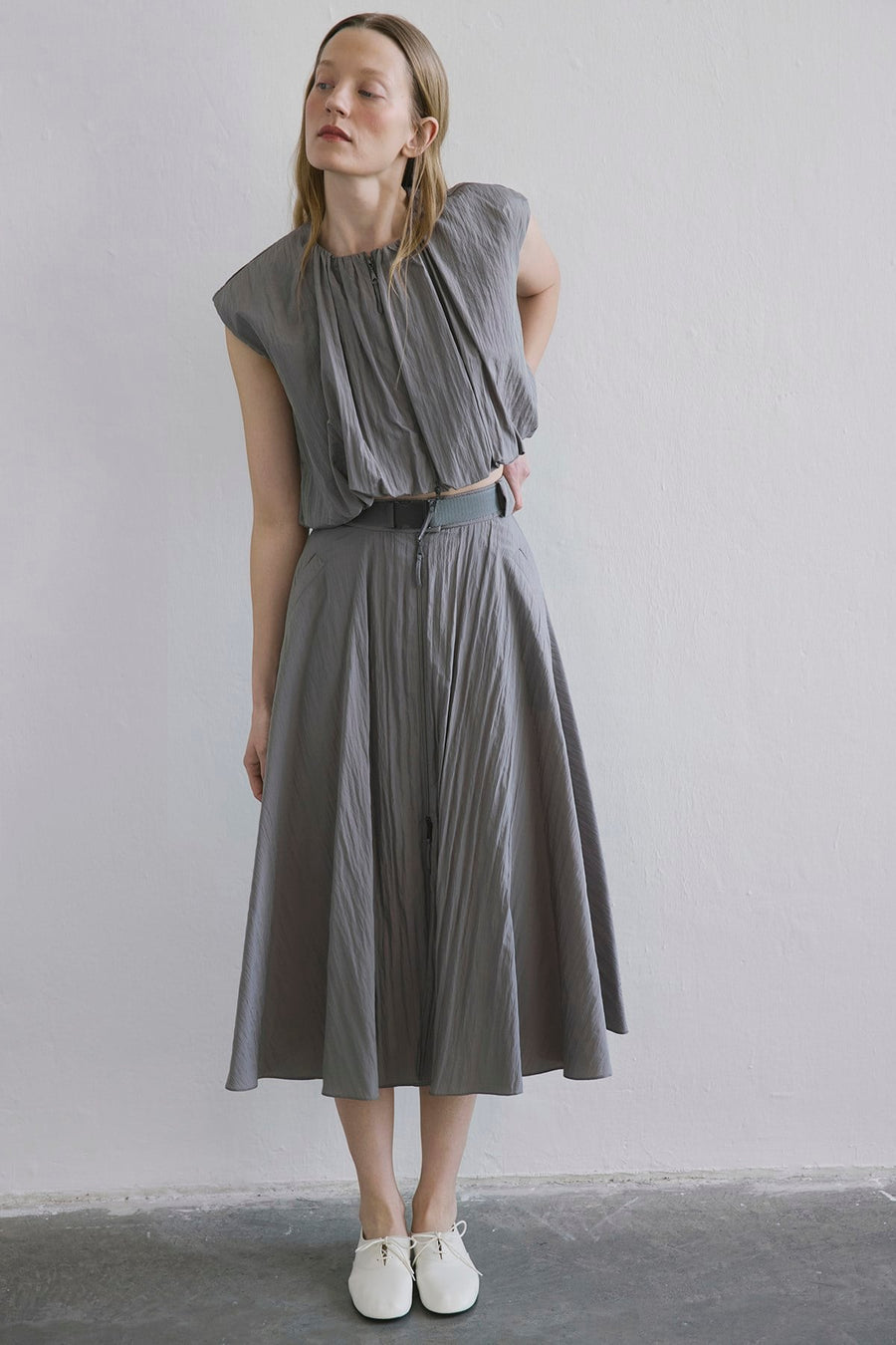 Metal Buckle Flared  Midi Skirt