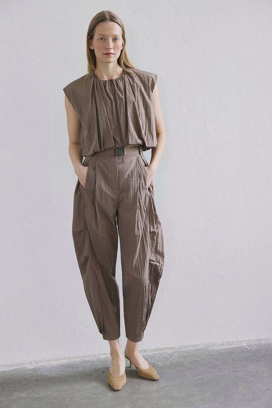 Metal Buckle Pleated Pocket  Pants