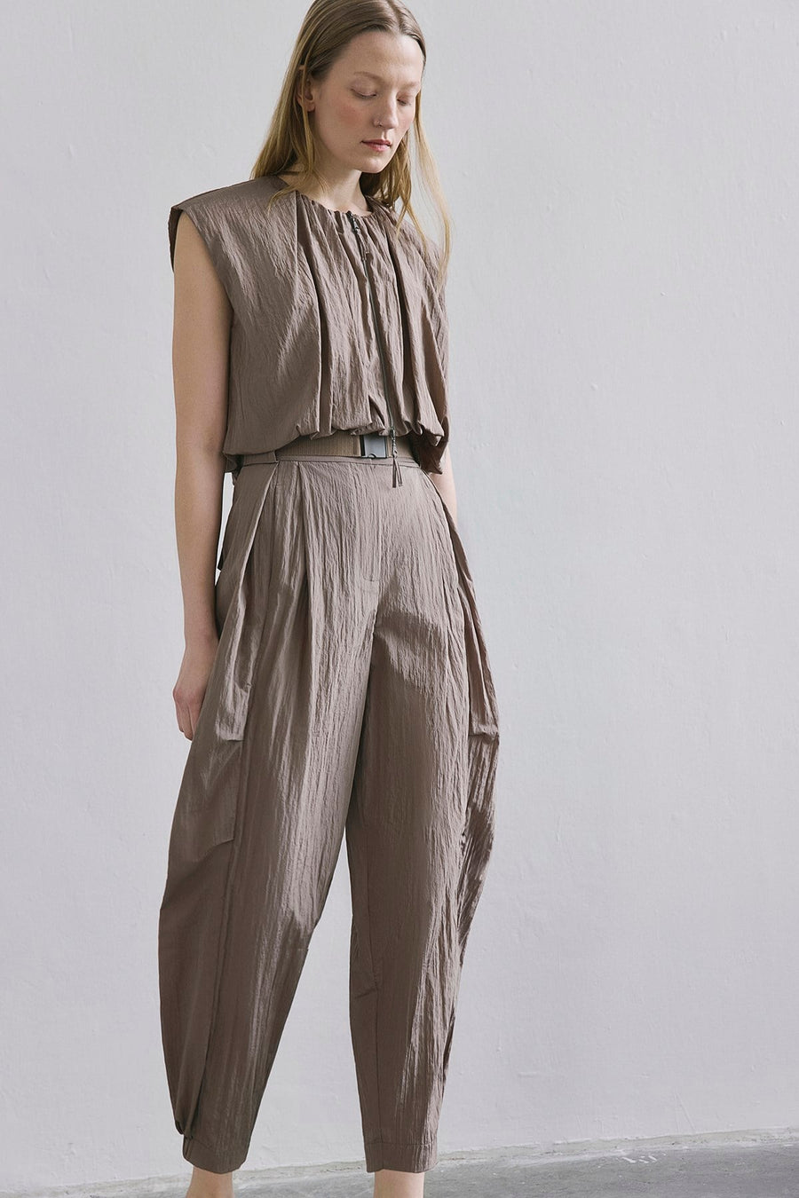 Metal Buckle Pleated Pocket  Pants
