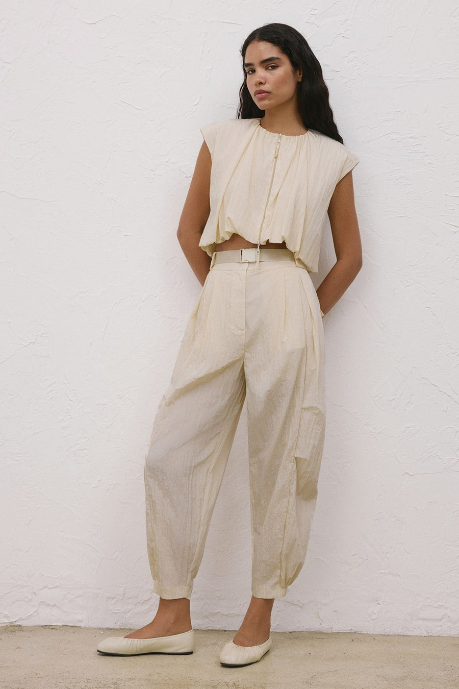 Metal Buckle Pleated Pocket  Pants