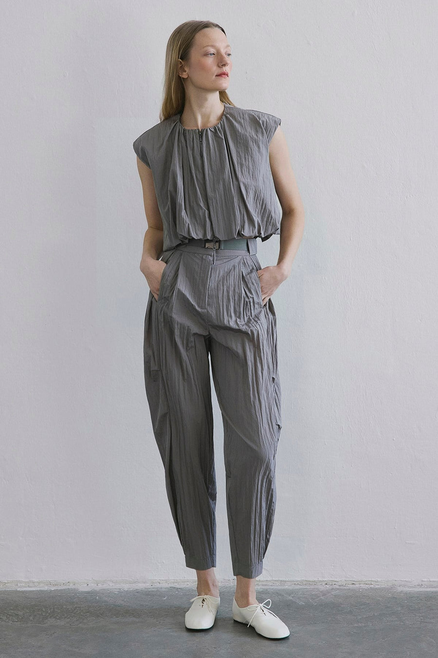 Metal Buckle Pleated Pocket  Pants