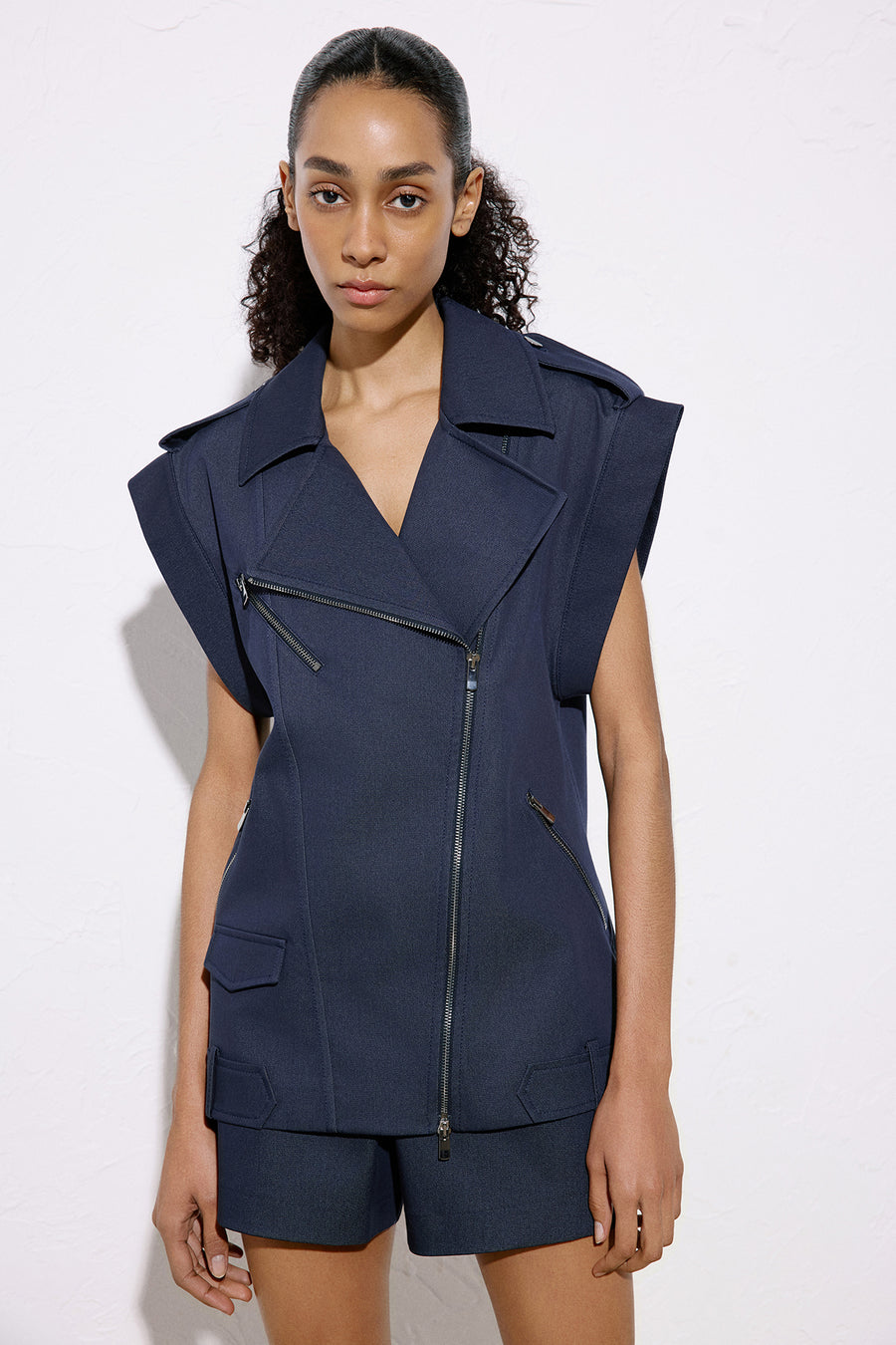 Metal Button Detailed Denim Textured  Biker Vest