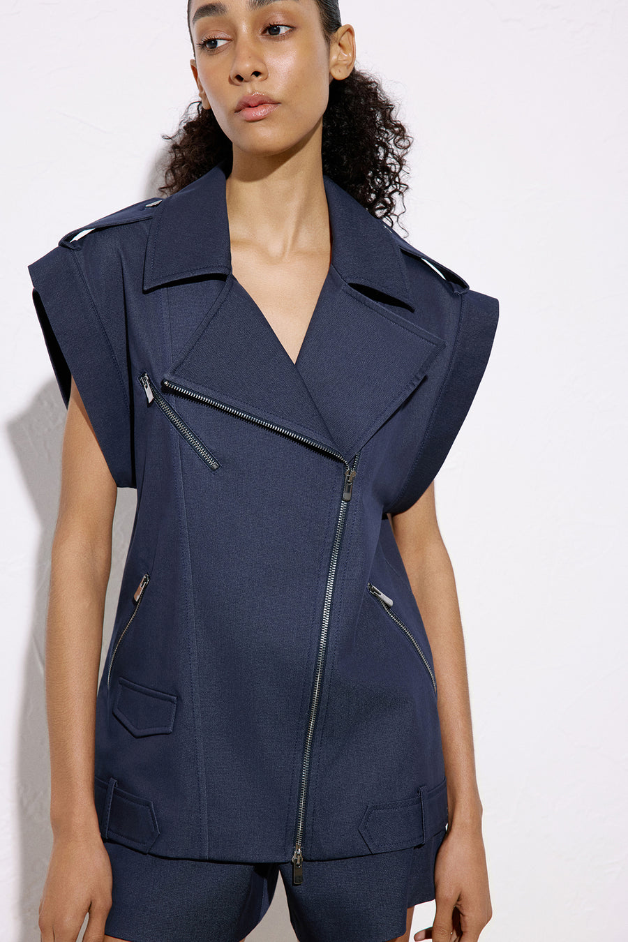 Metal Button Detailed Denim Textured  Biker Vest