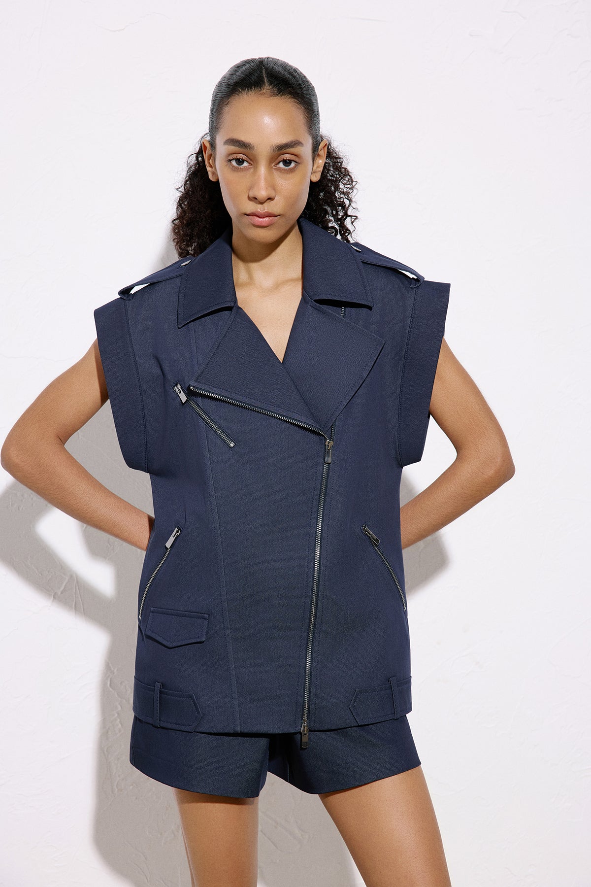 Metal Button Detailed Denim Textured  Biker Vest