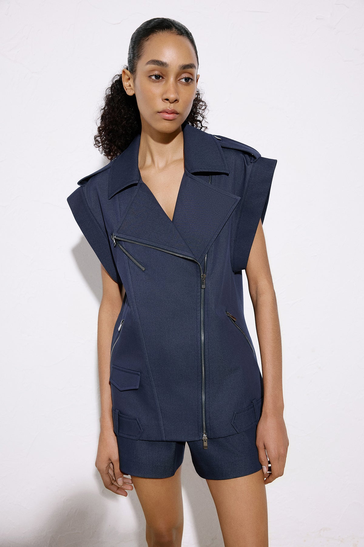 Metal Button Detailed Denim Textured  Biker Vest