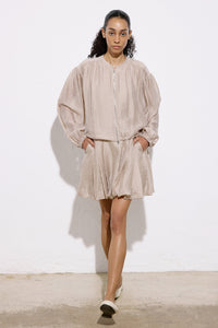 Beige Metal Zippered Waist Cinched  Jacket