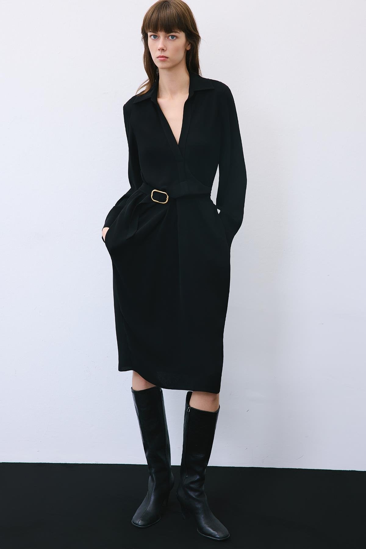 Midi Dress with Gold Buckle Detail