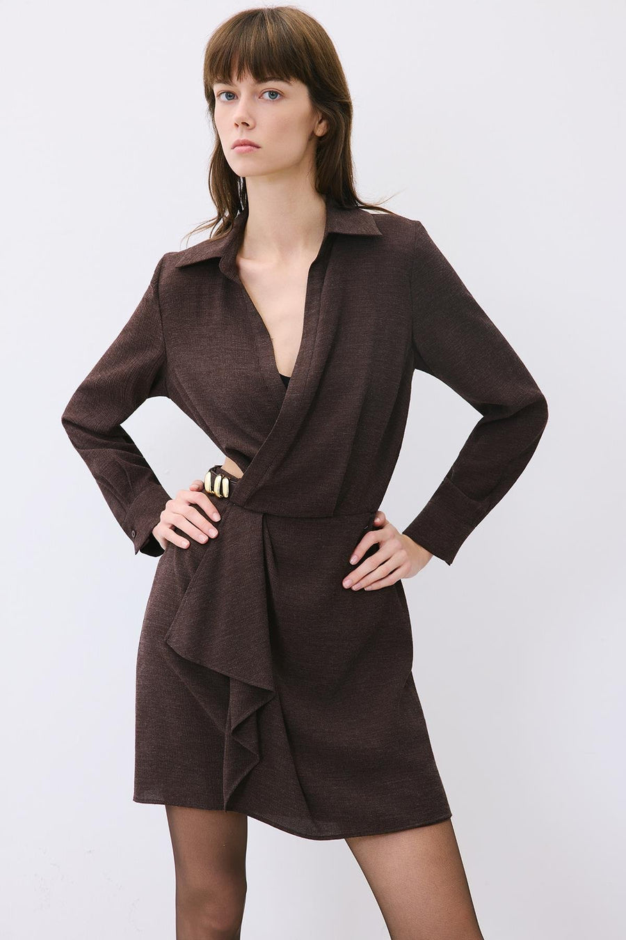 Anthracite Mini Wrap Dress with Gold Belt Detail