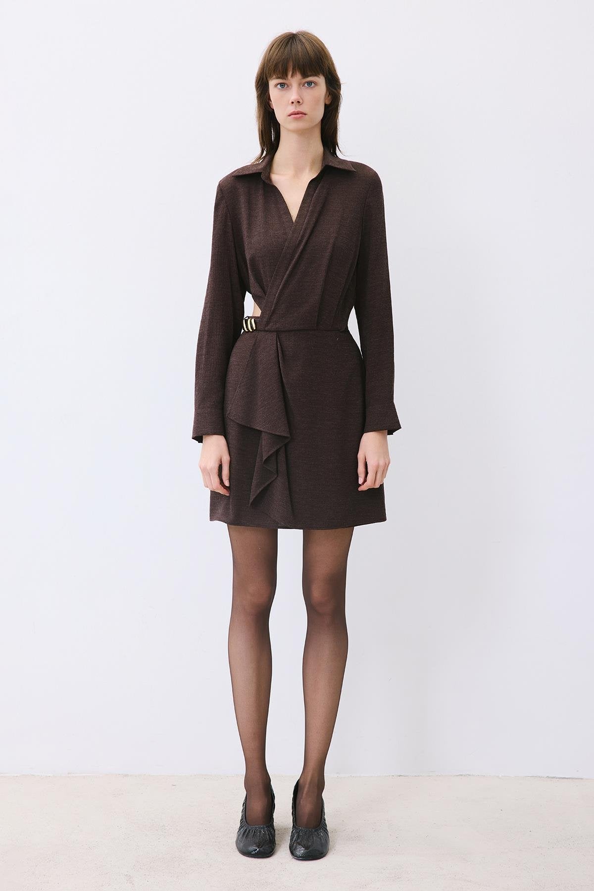 Anthracite Mini Wrap Dress with Gold Belt Detail