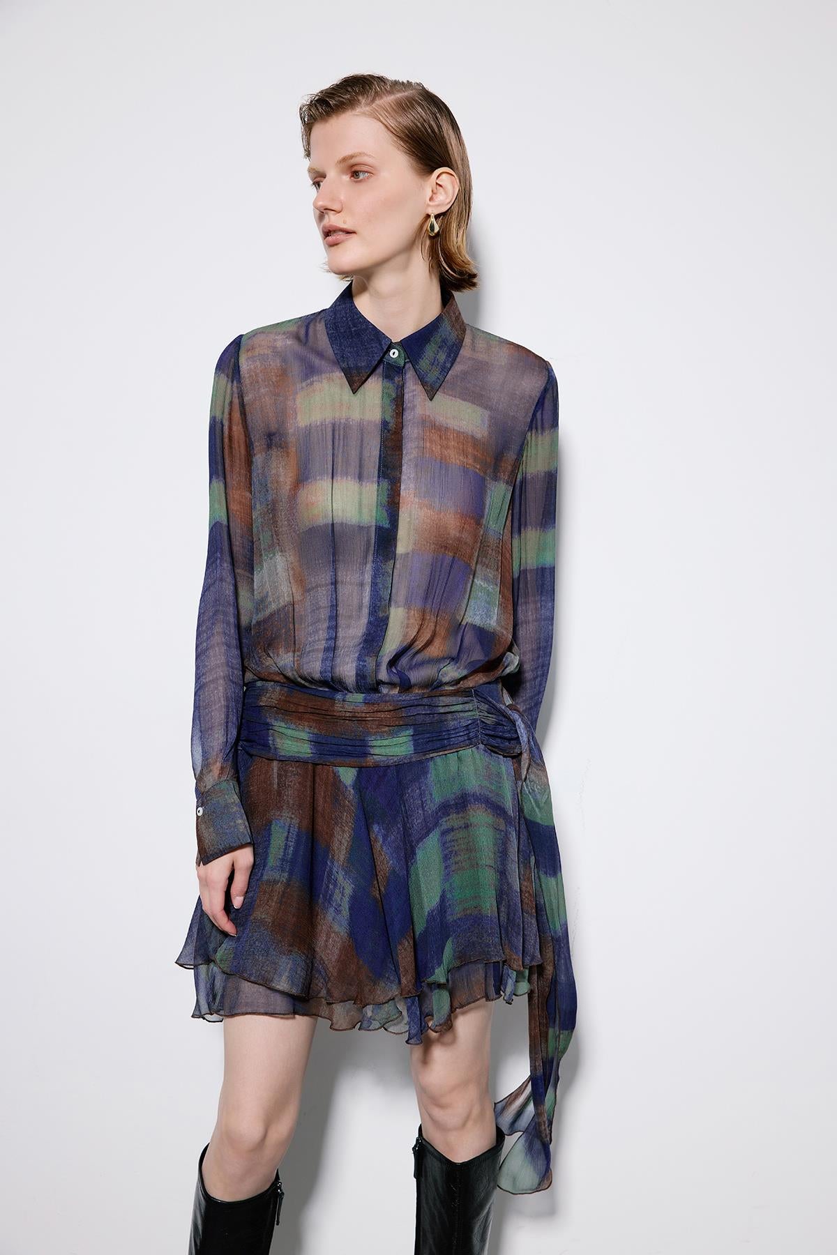 Multicolor Printed Mini Dress With Ruched Waist