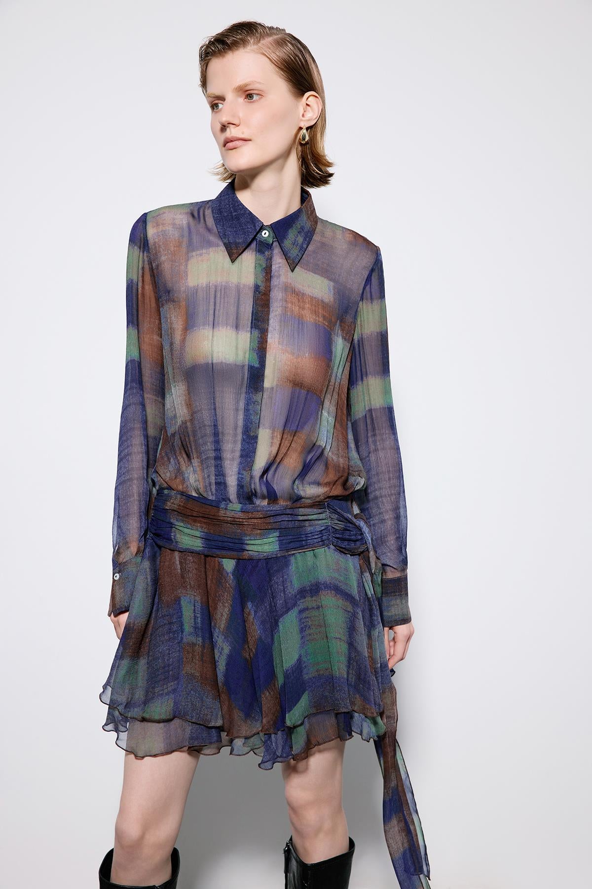 Multicolor Printed Mini Dress With Ruched Waist