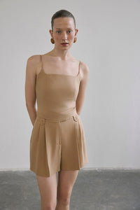 Camel Pleated Side Pocket Shorts