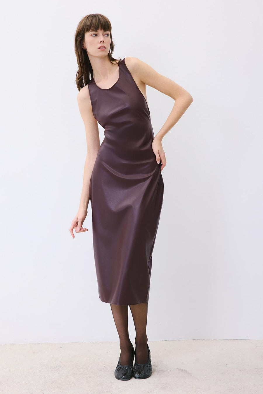 Plum Leather Midi Dress With Open Back