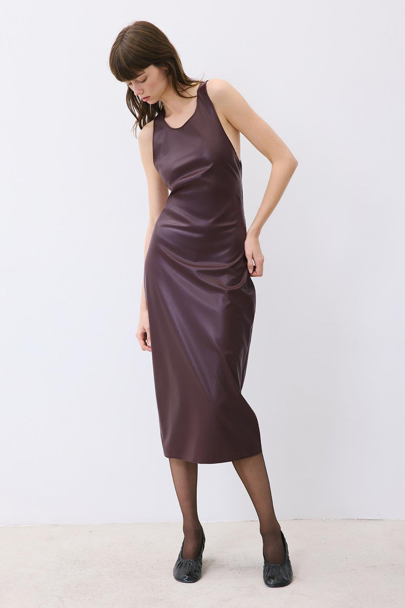 Plum Leather Midi Dress With Open Back