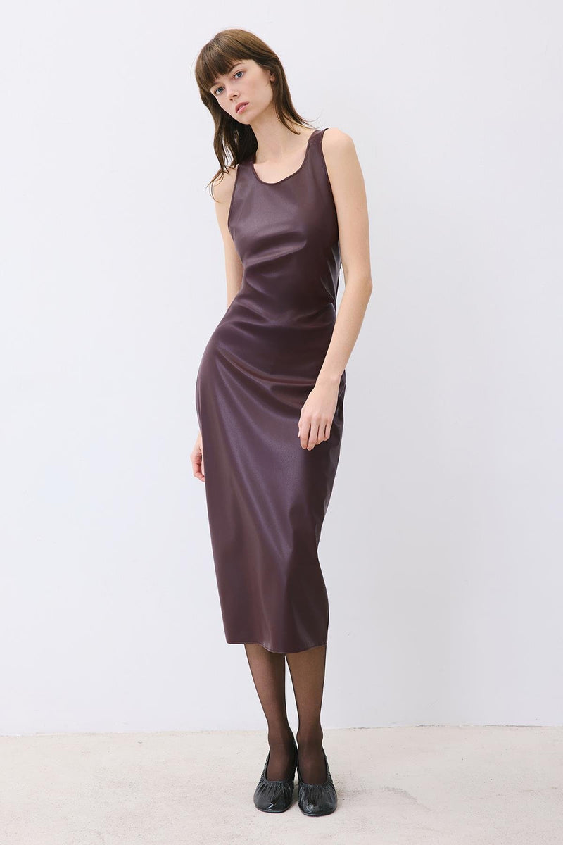 Plum Leather Midi Dress With Open Back