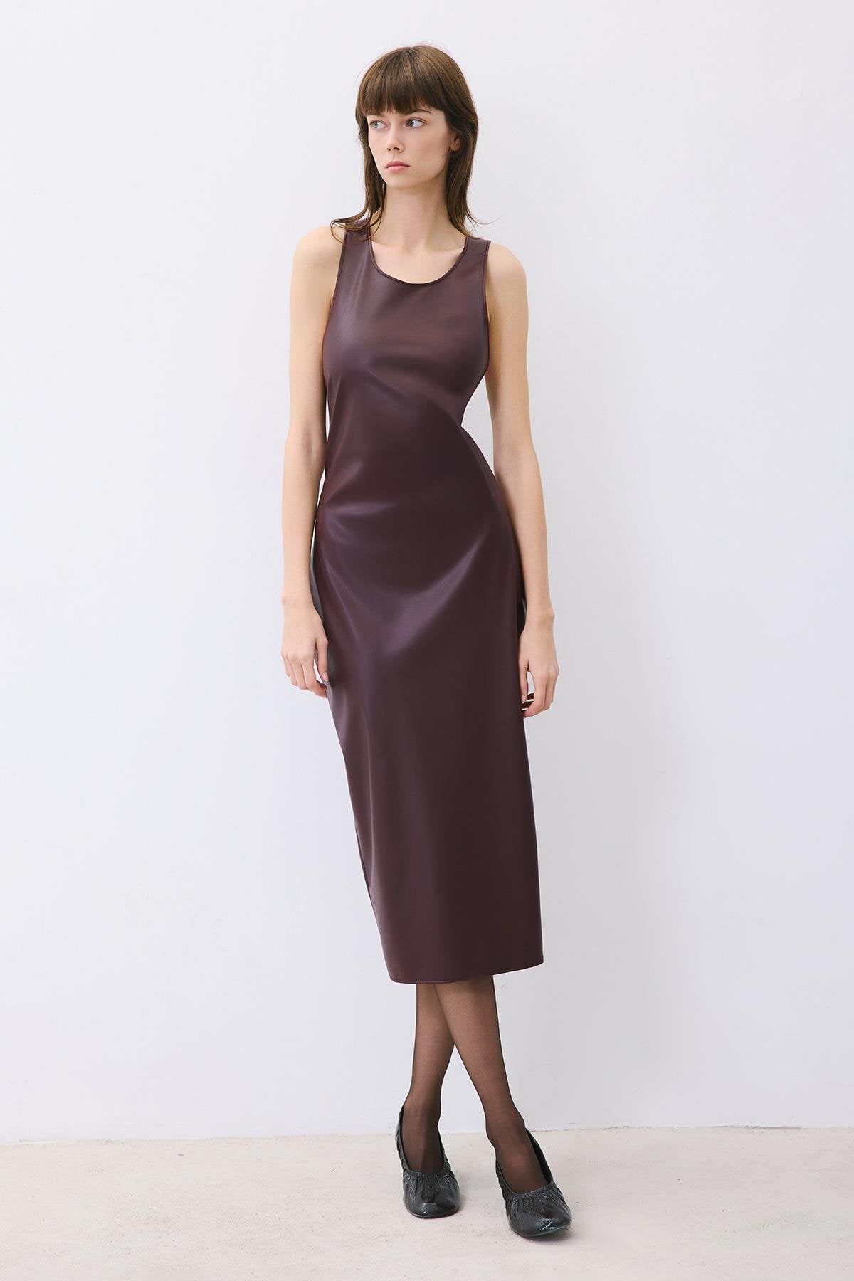 Plum Leather Midi Dress With Open Back