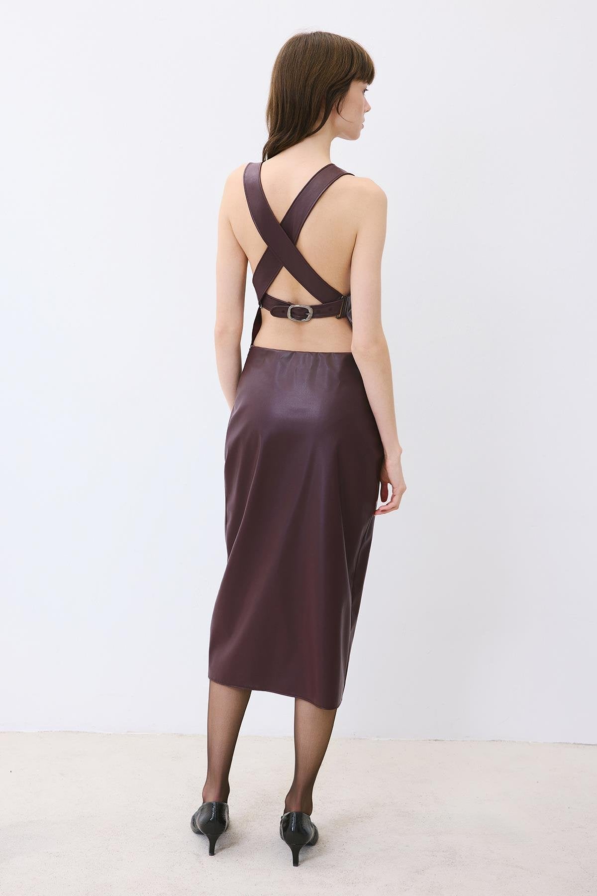 Plum Leather Midi Dress With Open Back