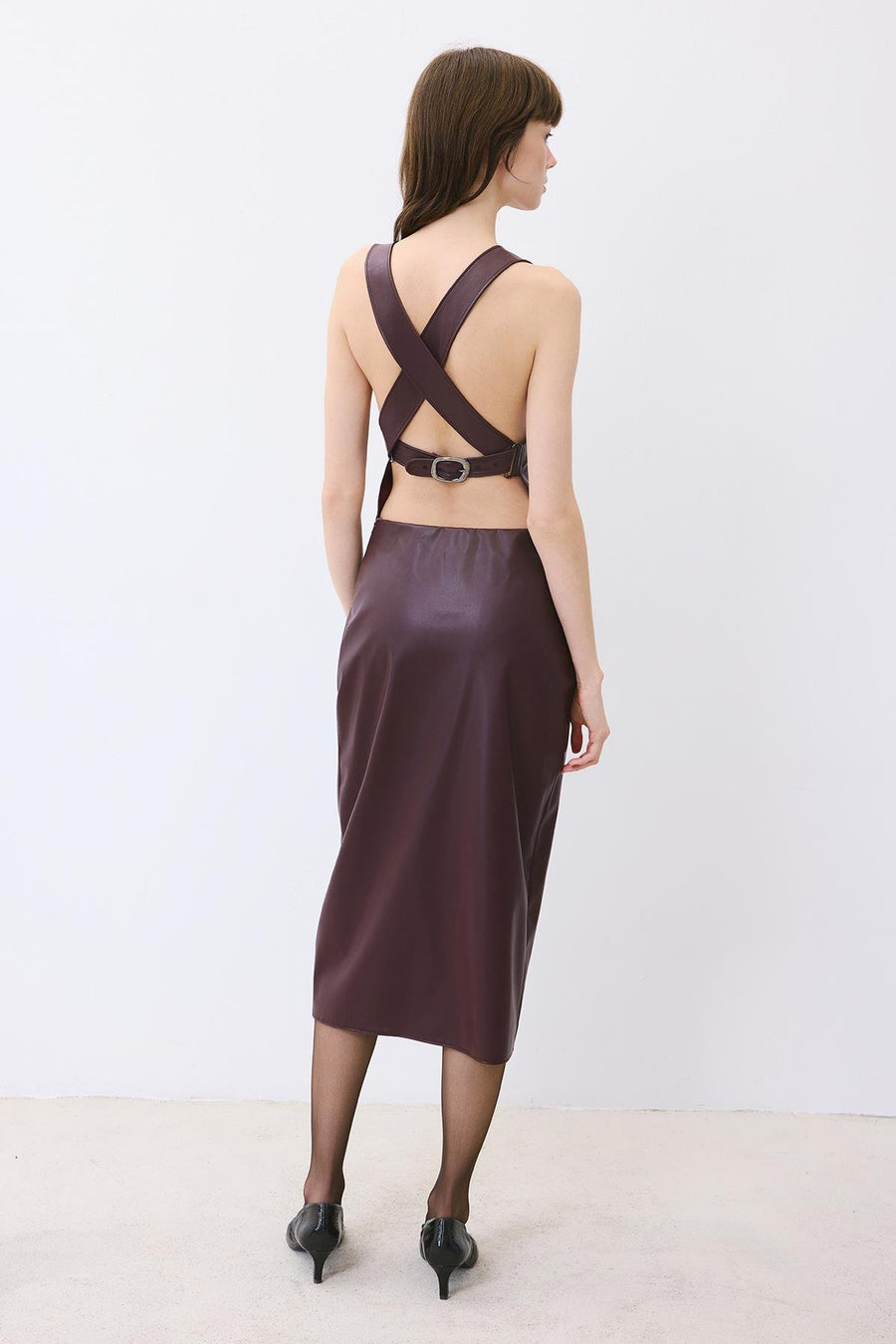 Plum Leather Midi Dress With Open Back