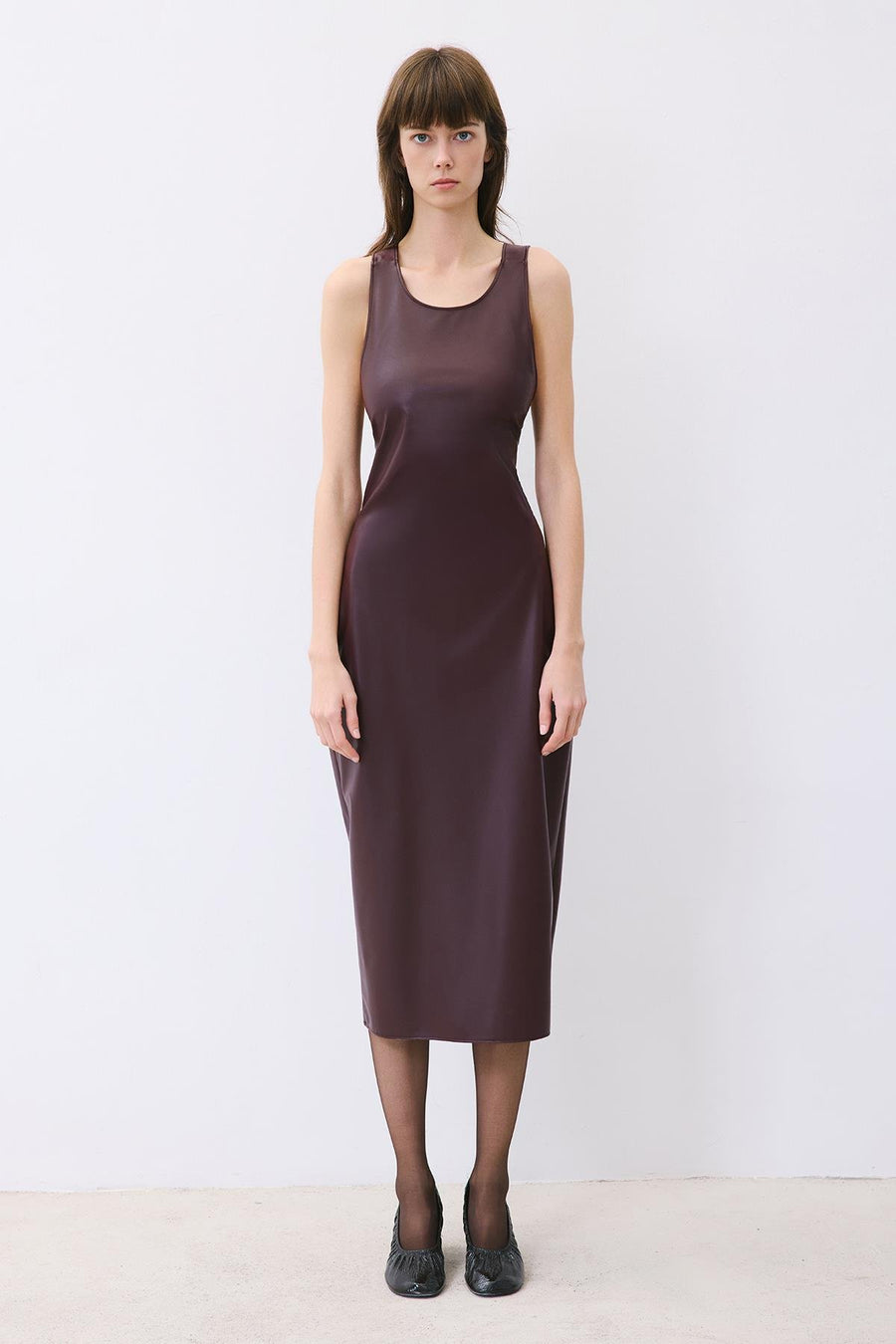 Plum Leather Midi Dress With Open Back