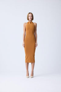 Red Shoulder Cutout Detail Orange Midi Knit Dress