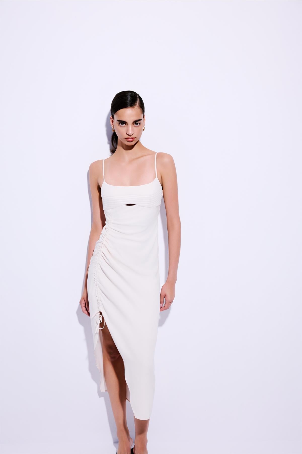 Side Ruched Strappy Cream Midi Dress