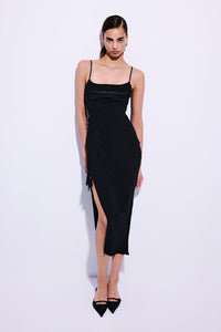 Black Side Ruched Strappy Cream Midi Dress